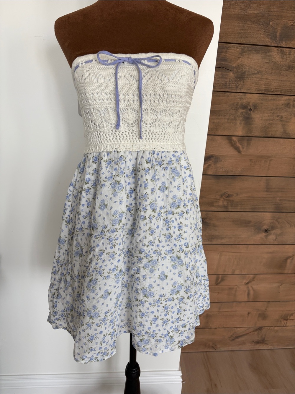 Hollister White Crochet Bodice Strapless Sundress with Blue Floral Skirt